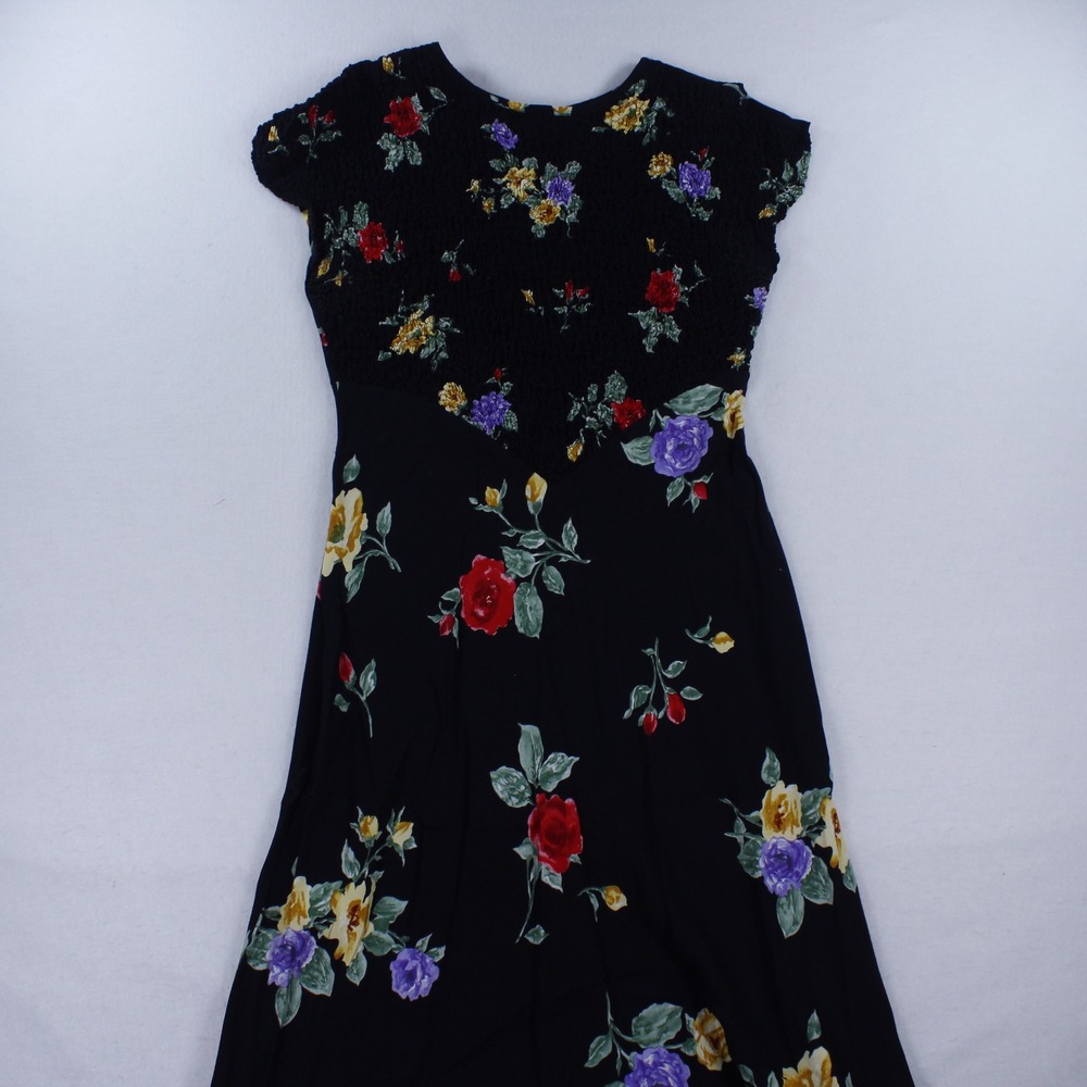 Jeffrey & Darce Vintage 90s Floral Rayon Smocked Midi Dress Size 8 Made in USA